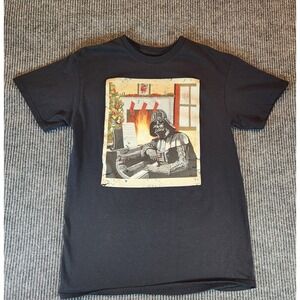 Star Wars Darth Vader Christmas Tree by the Fireplace Black T-shirt Adult Medium